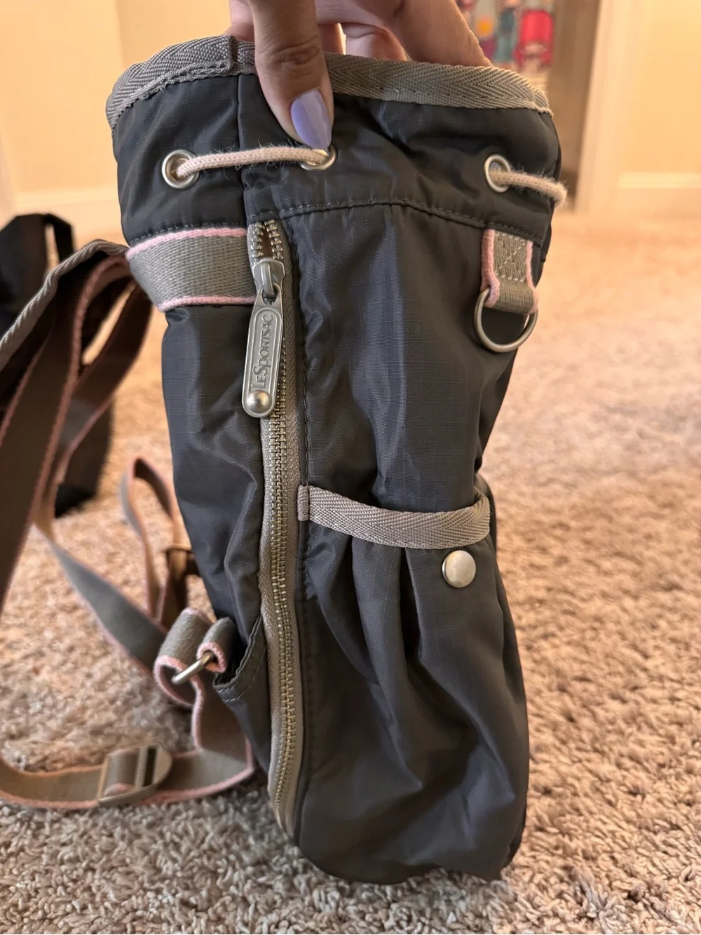 LeSportsac Grey Nylon Drawstring Backpack with Pink Trim